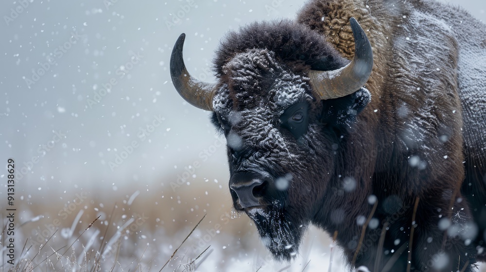 Wall mural a bison stands in a snowy field, snowfall dusting its head and horns