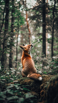 Fototapeta Fox sitting on mossy rock in green forest