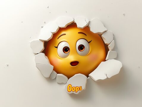 yellow emoji with an embarrassed expression breaking through a wall, with "Oops" written below.