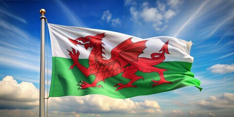 Waving flag of Wales featuring the red dragon on a white and green field.