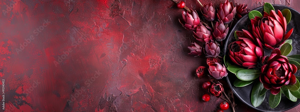 Canvas Prints  A plate featuring a red flower bouquet at its center, accompanied by green leaf bundles beside it