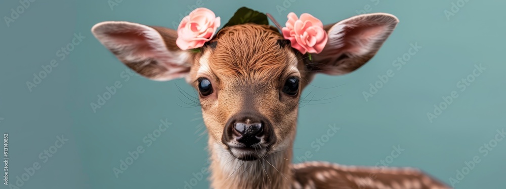 Wall mural  A close-up of a deer with a flower in its ear