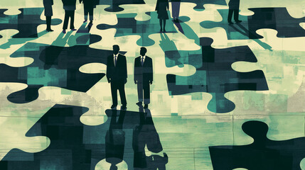 Team members illustration on puzzled background