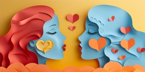 Fototapeta premium Romantic paper cutout art of two faces with hearts and delicate shapes