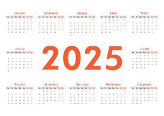 Horizontal modern A4 calendar for 2025 on portuguese language. Week starts on Monday. Desk or wall calendar in minimalist style