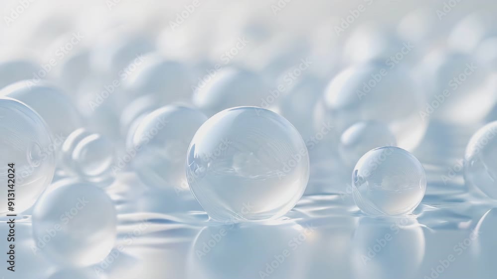 Poster Translucent spheres of varying sizes reflect light on a smooth, white surface. Abstract background video