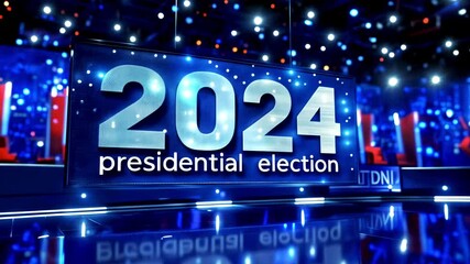  2024 Presidential Election Sign in a TV Studio: Breaking News, Political Debate, Election Coverage Concept.  2024 US Presidential Election & News Coverage
