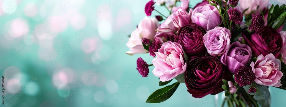 Canvas Prints  A bouquet of pink and purple flowers in a glass vase against a blue backdrop (repeating boke is unnecessary, suggesting an intended blur effect which is typically achieved during