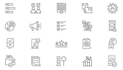 Survey line icon set. Contains feedback, opinions, questionnaires, polls, research, reviews, feedback, exam, and voting outline icon collection. Ui thin line icon pack.