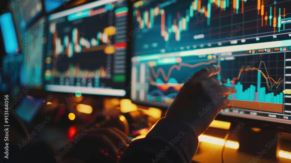 Poster a person analyzing financial data on multiple monitors