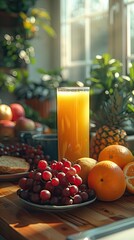 A vibrant and cheerful breakfast scene with a bowl of fresh fruit, a glass of orange juice, and a sandwich on a plate, all set on a kitchen counter with natural light streaming in