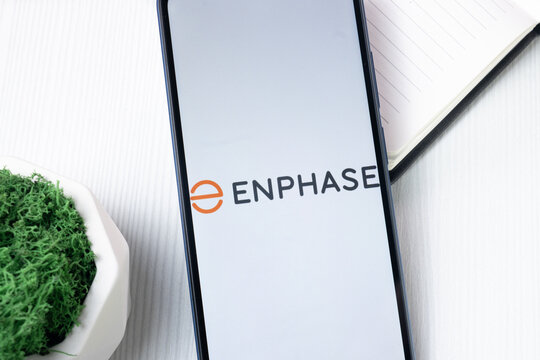 New York, USA - 1 August 2024: Enphase Energy Logo on Phone Screen, Icon on Display