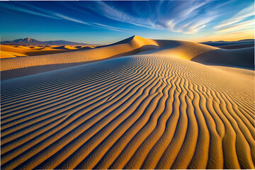 Naklejka premium A desert landscape with a mountain in the background. The sky is blue and the sun is setting