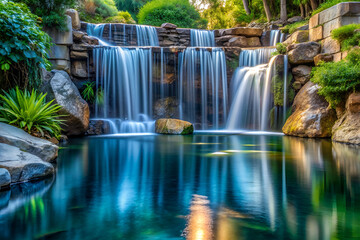 Fototapeta premium A beautiful waterfall with a pool of water in the middle. The water is calm and clear, and the rocks surrounding the pool add to the natural beauty of the scene. Concept of tranquility and serenity