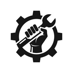 Fototapeta premium Wrench in hand and gear silhouette vector, Industrial tool or equipment vector icon design. Hand winch or manual winch vector icon. Also called come along, towing or ratchet winch