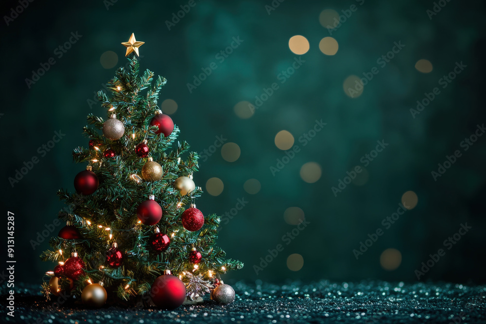 Poster small christmas tree decorated with red and gold ornaments illuminated with string lights on a spark