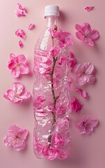 Obraz premium Crushed plastic bottle with pink flowers on light pink background