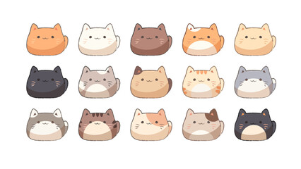  Kawaii cat heads in colors. Anime kittens, cute animals for game and design in Japanese style. Vector icons