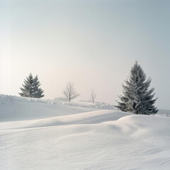 Two snow-covered trees stand tall against a foggy backdrop, creating a serene winter landscape.