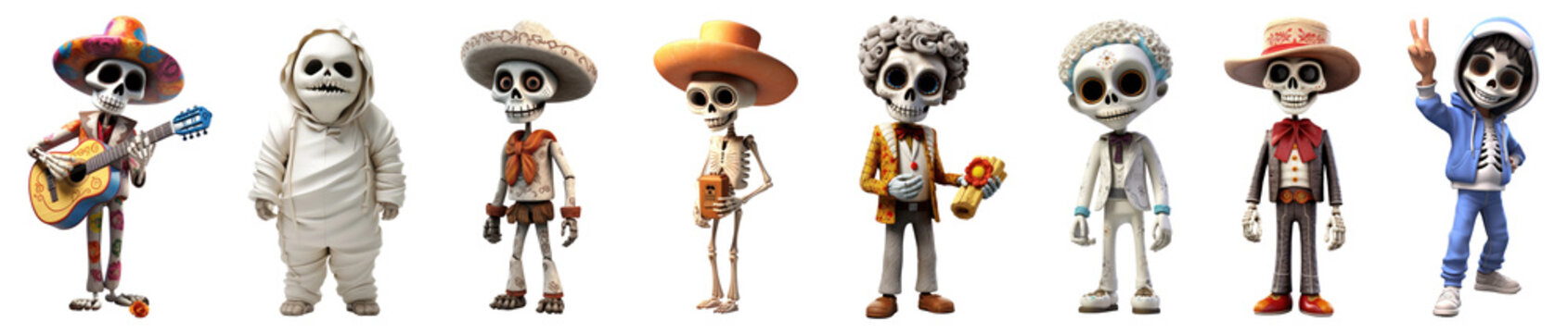 3D sombrero skeleton character png cut out element set
