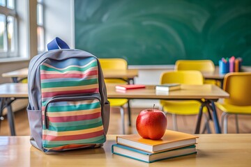 School backpack, books and apples in the classroom on the desk near the blackboard