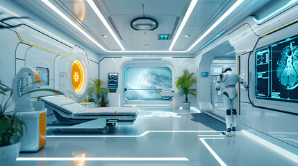 Obraz premium A futuristic healthcare facility with telemedicine and robotic caregivers.