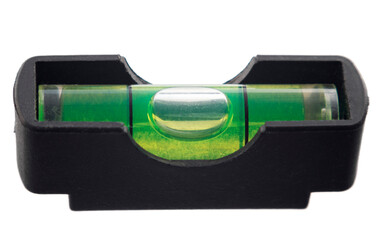 Green bubble level in balance position, isolated on white, Macro, Cut out