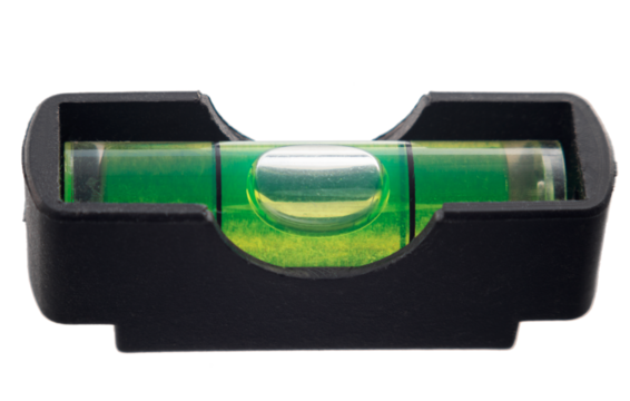 Green bubble level in balance position, isolated on white, Macro, Cut out