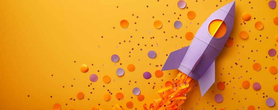 Purple paper cutout rocket launching amidst colorful confetti on orange background