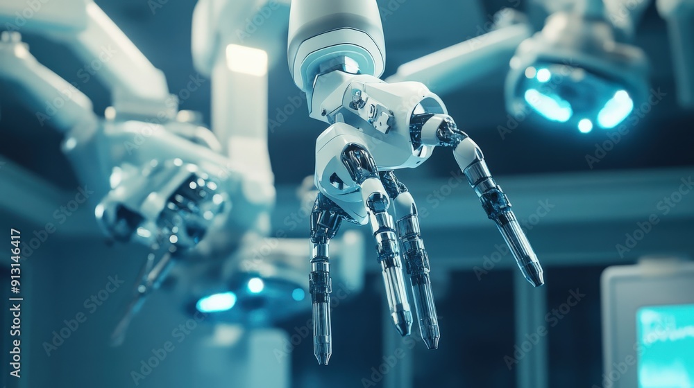 Poster a robotic arm with precision tools operates within a modern laboratory, showcasing advanced technolo