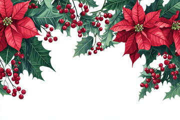 Christmas border composed of holly leaves, red berries and poinsettia flowers, creating a festive atmosphere