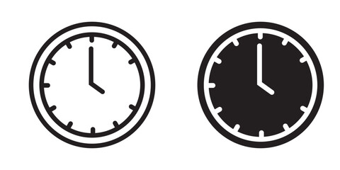 Clock icon, vector, silhouette. Watch, round wall clock icon symbol, vector. Vector clock icon,  Round clock flat line icon for apps, logo, websites. Vector illustration.