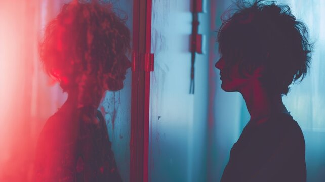 A person standing in front of a mirror, with their reflection blurred, suggesting a loss of identity