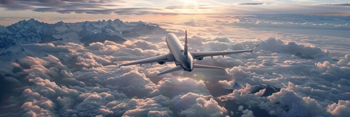 Passenger airplane ascending to high altitude above the clouds