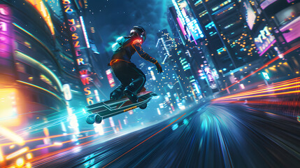 A futuristic racer on a neon-lit hoverboard speeding through a city.