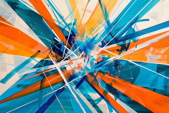 A kinetic burst of intersecting lines and vibrant hues, electric blues and oranges, capturing a sense of movement, Constructivist style