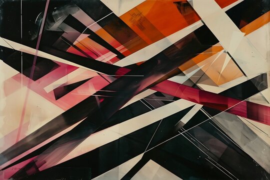 A kinetic burst of intersecting lines and intense hues, bold blacks and whites, capturing a sense of movement, Constructivist style