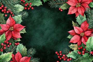 Watercolor christmas floral border with copy space, featuring poinsettia, holly, and fir branches on a green textured background