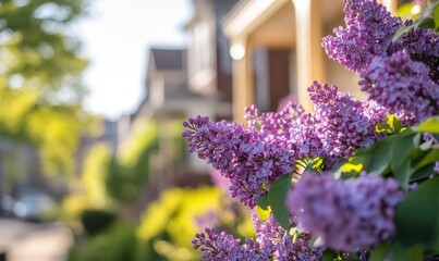 Obraz premium Lilac flowers in full bloom, with green leaves and purple blossoms against the backdrop of blurred houses and trees