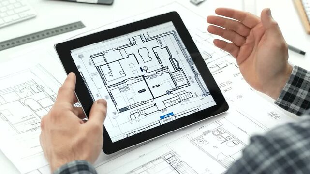 Architectural blueprint plan, engineer focusing on construction project design, with business workplace technology, industrial document