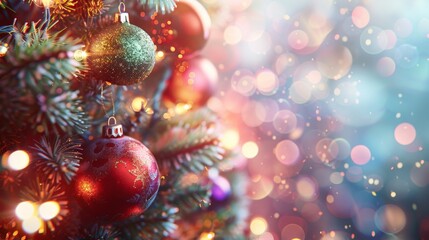 Christmas tree with red and green baubles and bokeh.