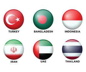 Set of 6 Asian Countries Realistic 3d flags in round shape icons. Asian flags are isolated on a white background. Vector illustration. Set 2