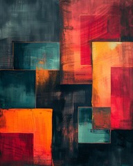 An abstract composition of overlapping rectangles and squares in deep red, teal, and bright red