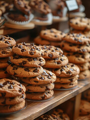 Stacks of chocolate chip cookies on display in a bakery.