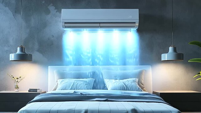 Cold air flowing from a white air conditioner mounted on the bedroom wall above the bed
