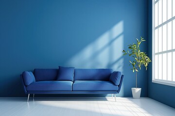 Blue sofa against a blue wall with copy space, plant, and modern interior in a living room, impressionist painting style.