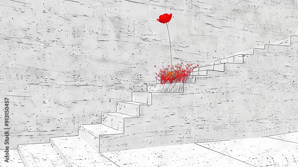 Wall mural a red flower in a white vase on a staircase with a red balloon above it