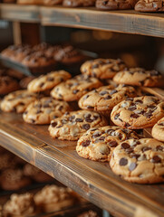 Rows of chocolate chip cookies displayed on wooden shelves