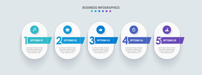 Horizontal progress bar featuring 5 arrow-shaped elements, symbolizing the five stages of business strategy and progression. Clean timeline infographic design template. Vector for presentation