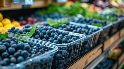 Rows of fresh blueberries in plastic containers at a market.